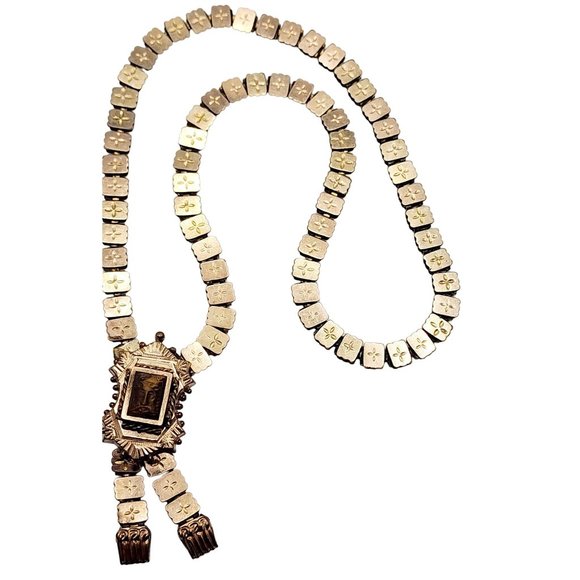 Antique Victorian Carved Tiger Eye Necklace (A5083)